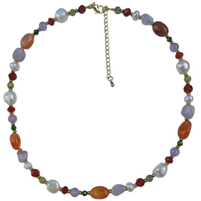Serenity Carnelian, Amethyst, Peridot, Chrome Diopside and Pearl Necklace
