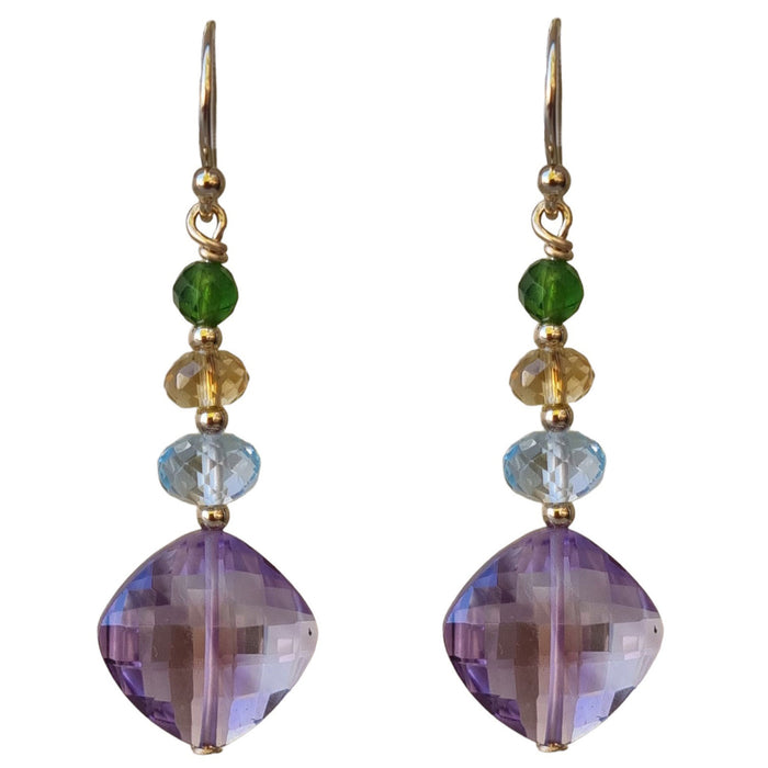 Bespoke Amethyst, Blue Topaz, Citrine and Chrome Diopside Gold Filled Earrings