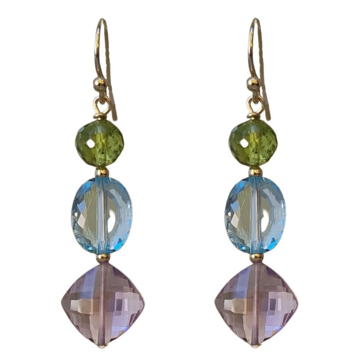 Bespoke Amethyst, Blue Topaz and Peridot Gold Filled Earrings