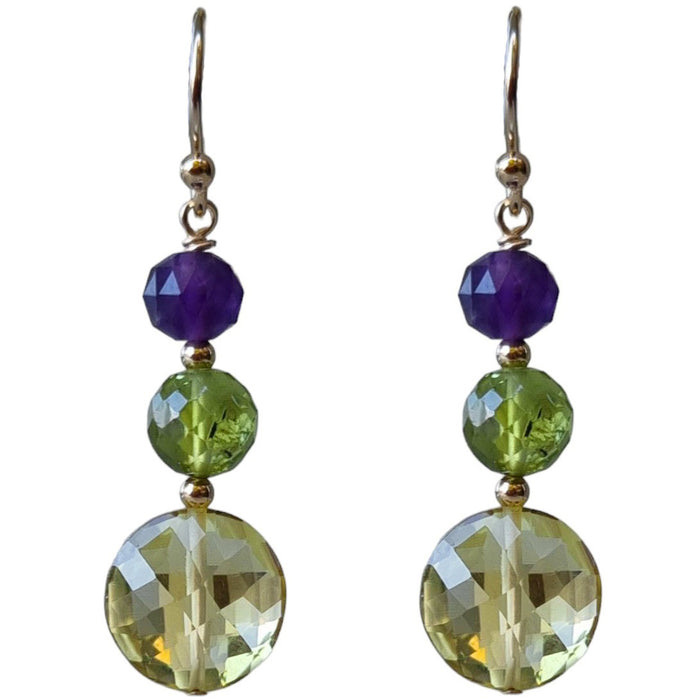 Bespoke Lemon Quartz, Peridot and Amethyst Gold Filled Earrings