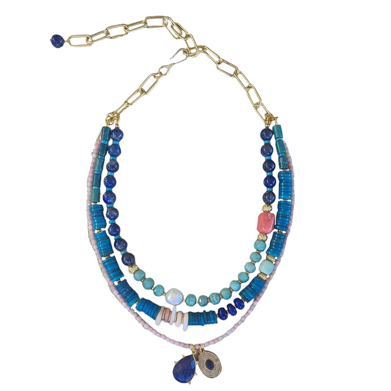 Estadio Lapis Lazuli, Amazonite and Pink Opal Necklace