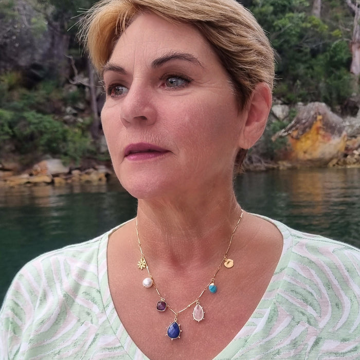 Treasured Charm Lapis Lazuli, Rose Quartz, Amethyst and Pearl Necklace