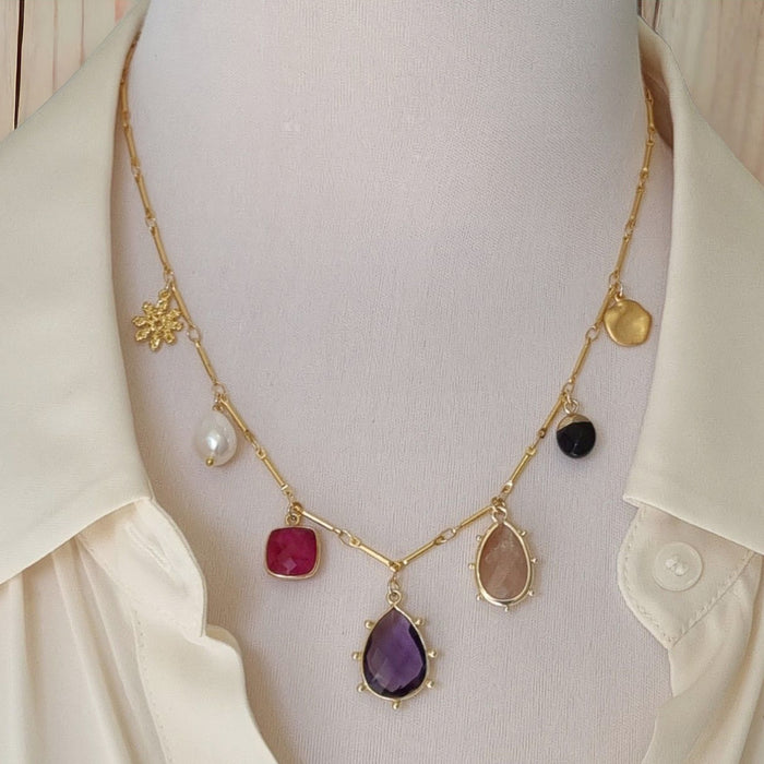 Treasured Charmed Amethyst, Sunstone, Ruby and Pearl Necklace