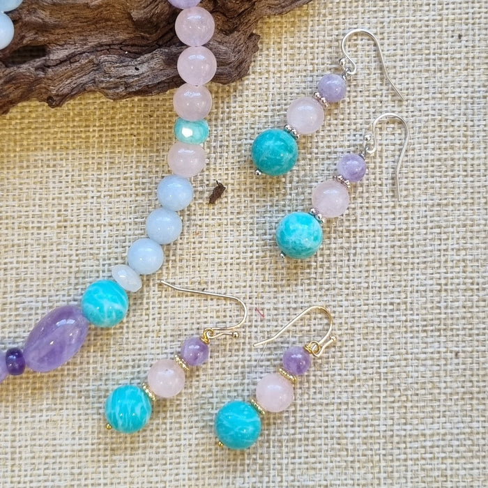 Acqua Amazonite, Rose Quartz and Amethyst Earrings