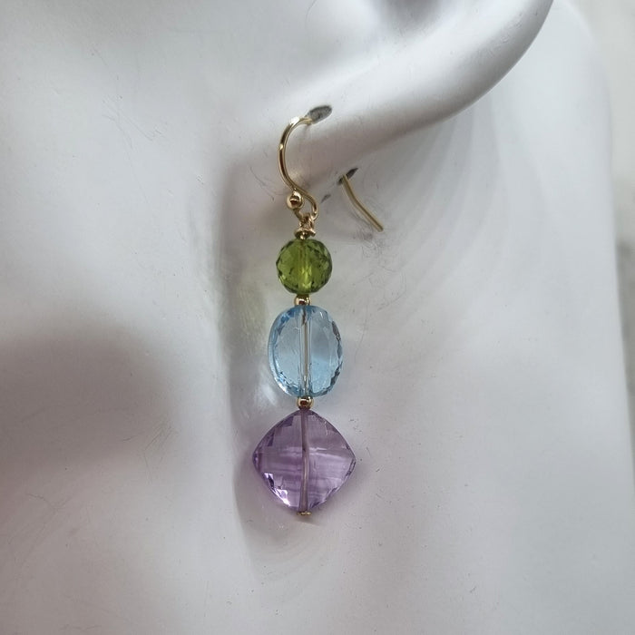 Bespoke Amethyst, Blue Topaz and Peridot Gold Filled Earrings
