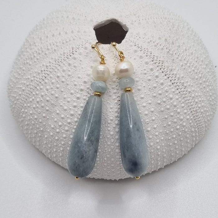 Serenity Agate, Aquamarine and Pearl Earrings