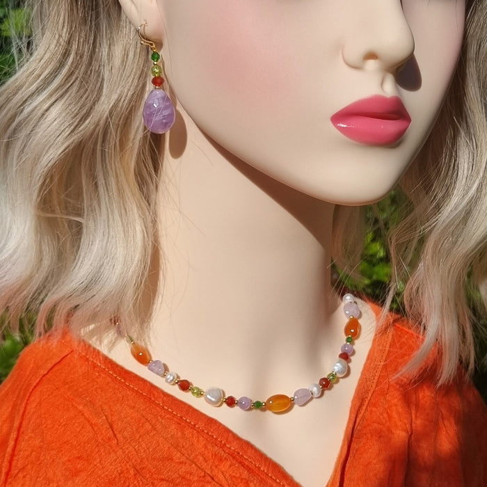 Serenity Carnelian, Amethyst, Peridot, Chrome Diopside and Pearl Necklace