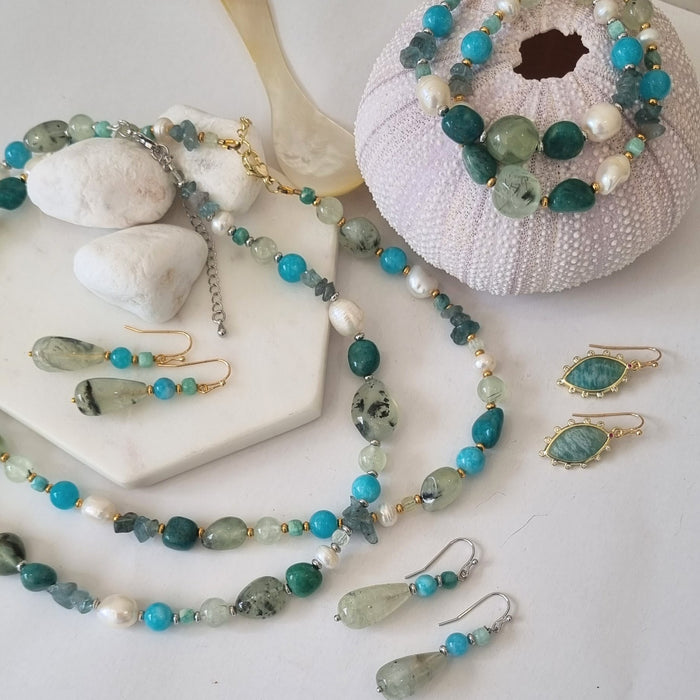Serenity Amazonite, Prehnite, Apatite and Pearl Necklace