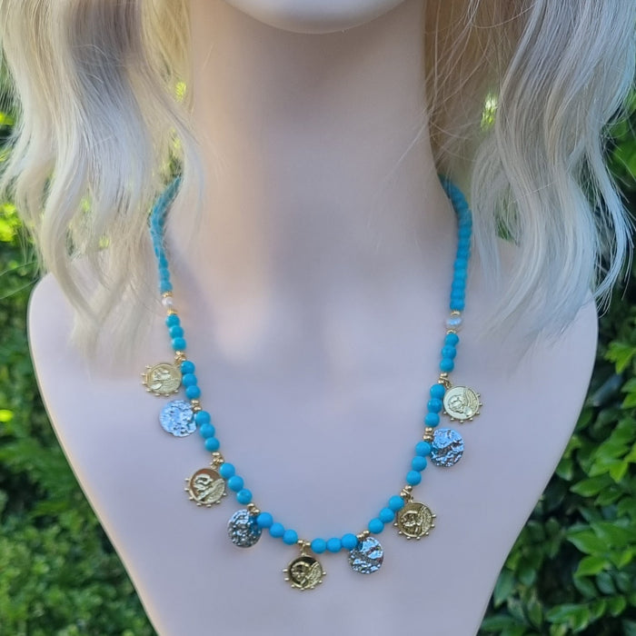 Eden Turquoise Freshwater Pearl Gold  & Silver Coin Necklace