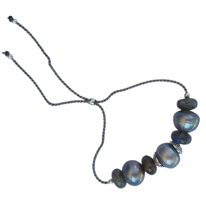 Leyla Sterling Silver Labradorite Grey Freshwater Pearl adjustable stacking bracelet