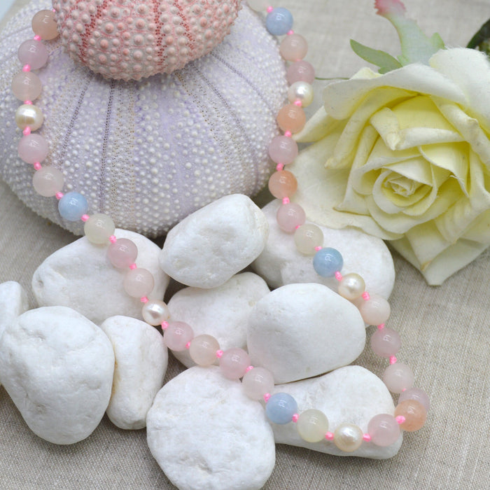 Sofia Morganite and Aquamarine and Freshwater Pearl Sterling Silver necklace