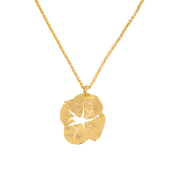 A gold-plated necklace with a leaf-shaped pendant, displayed on a plain background.