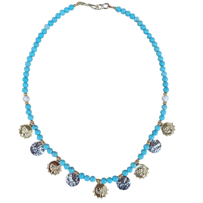 Eden Turquoise Freshwater Pearl Gold  & Silver Coin Necklace