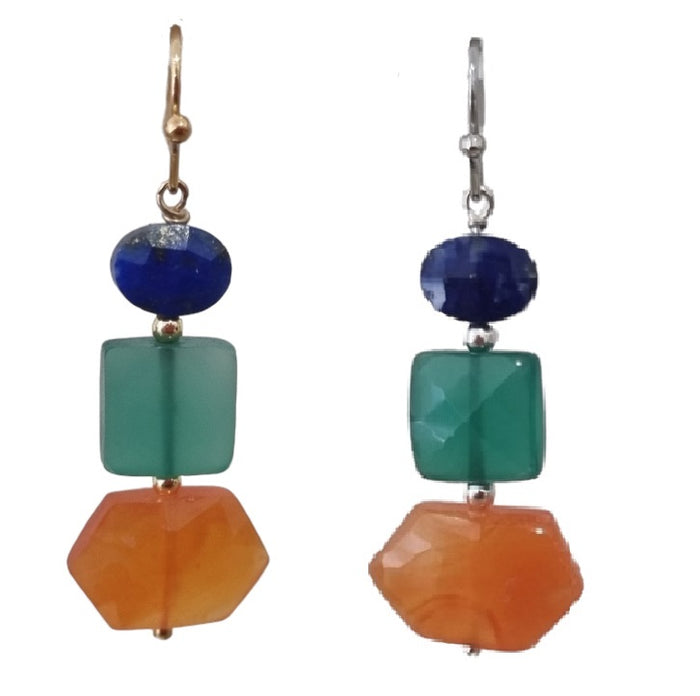 Deva Lapis Lazuli, Green Onyx and Carnelian Earrings Platinum or Gold