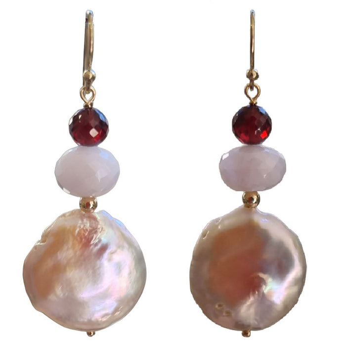 Blush Kunzite, Garnet &  Freshwater Pearl Earrings Silver or Gold filled