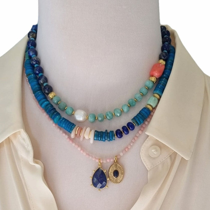 Estadio Lapis Lazuli, Amazonite and Pink Opal Necklace