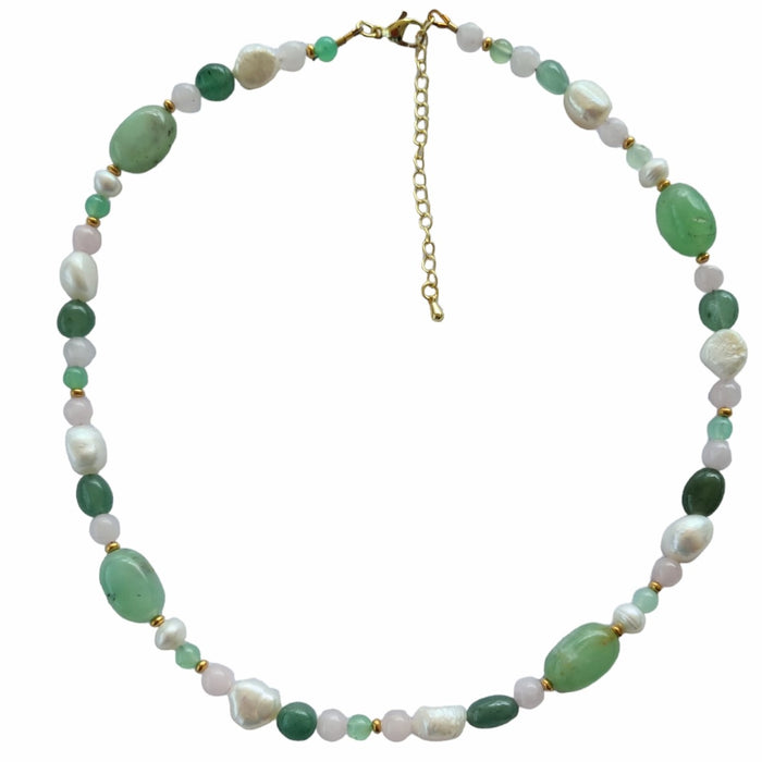 Serenity Chrysophase, Rose Quartz, Green Aventurine and Pearl Necklace