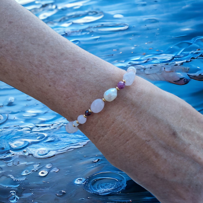Serenity Rose Quartz, Garnet, Ruby and Pearl Bracelet