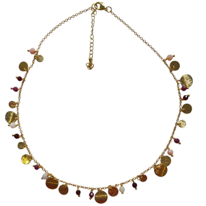 Tiny Brushed Disc Charm Necklace with Ruby Pink Opal and Garnet