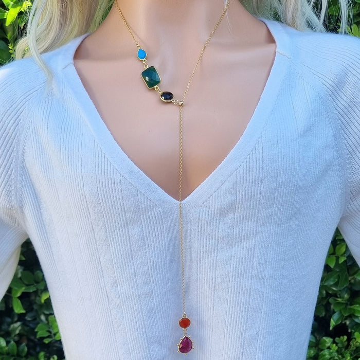 Monty Ruby, Carnelian, Onyx, Green Onyx and Turquoise Sliding Necklace