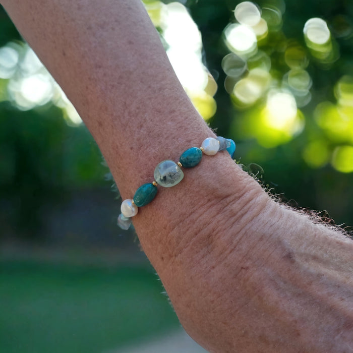 Serenity Amazonite, Prehnite, Apatite and Pearl Bracelet