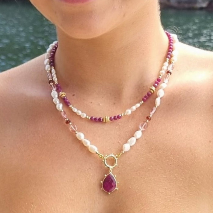 Sona Freshwater Pearl Pink Topaz and Garnet Necklace