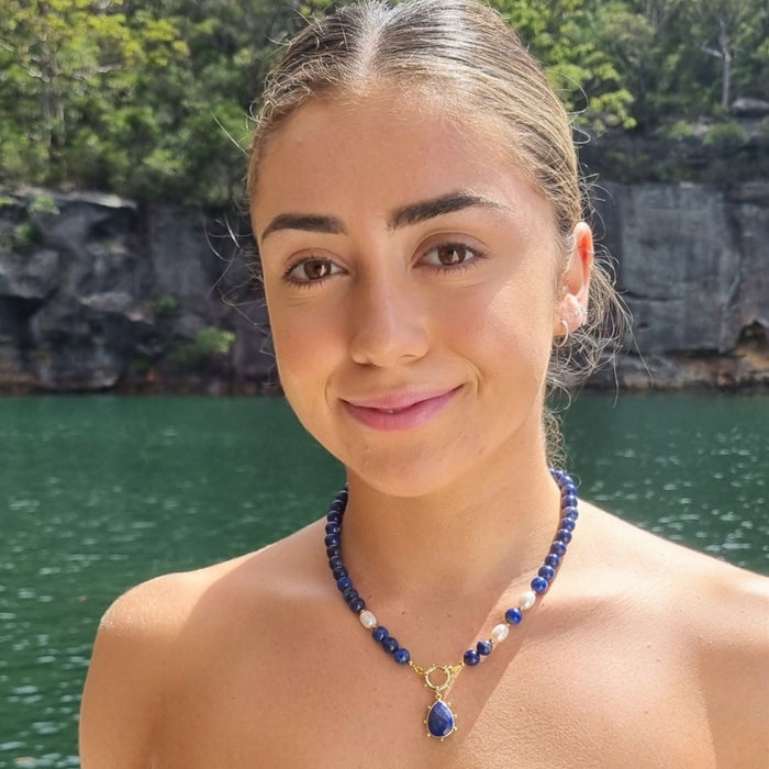 Tango Gemstone and Freshwater Pearl Necklace Lapis Lazuli