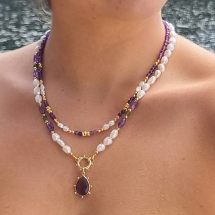 Sona Freshwater Pearl Amethyst and Chrome Diopside Necklace