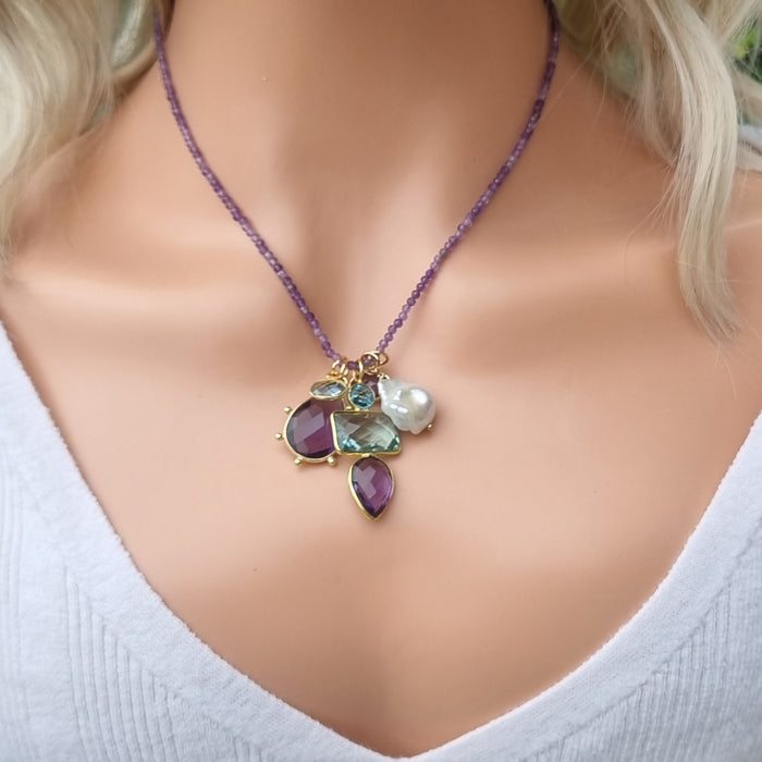 Tiny Beaded Sterling Silver Necklace in Amethyst