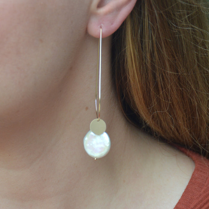 Sea Dreaming long hoop Freshwater Pearl Gold or Silver Earrings