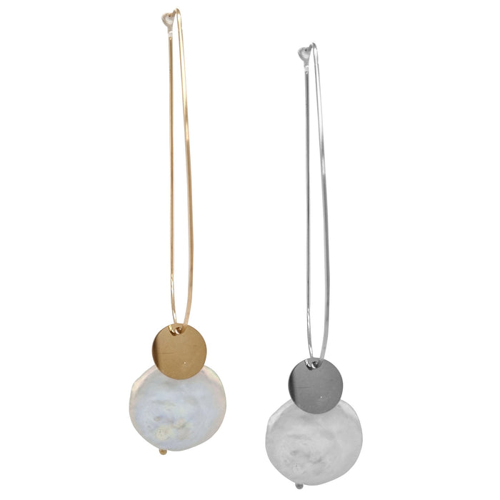 Sea Dreaming long hoop Freshwater Pearl Gold or Silver Earrings