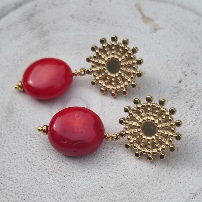 Praia Red Coral Coin Stud Earrings