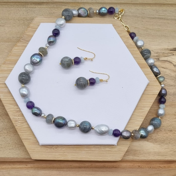 Molly Labradorite, Amethyst, Freshwater Pearl & Aquamarine necklace
