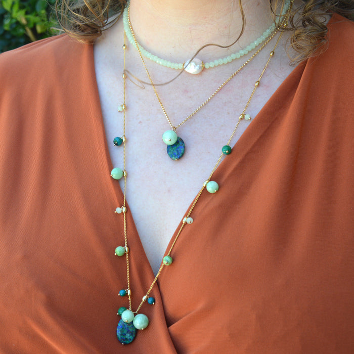 Glamour Green Moonstone, Azurite, Green Varisite and Fresh Water Pearl necklaces