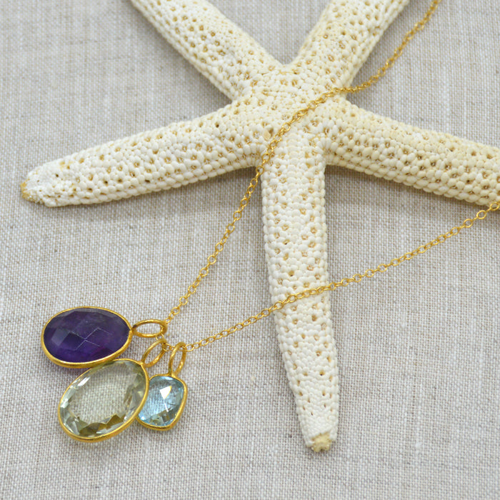 Tatiana 3 Gemstone drop No.1 Blue Topaz, Amethyst & Green Amethyst one only