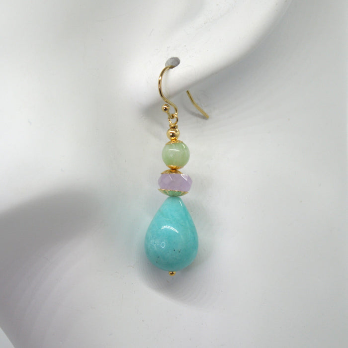 Deva Amazonite, Lavender Amethyst and Green Moonstone 14k Gold filled Earrings