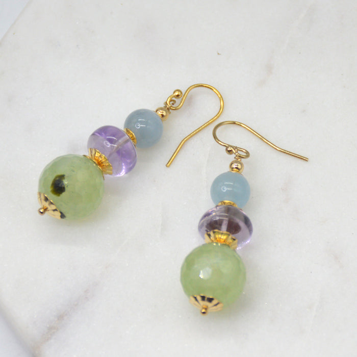 Deva Aquamarine, Pink Amethyst & Prehnite Earrings 14k Gold filled