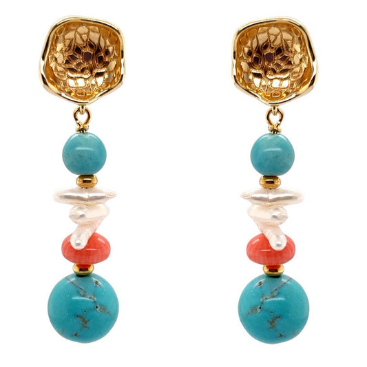 A pair of gold-plated stud earrings featuring turquoise, freshwater pearl, and coral drops.
