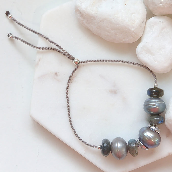 Sterling Silver Labradorite Grey Freshwater Pearl adjustable stacking bracelet