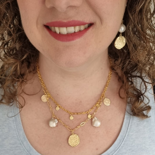 Praia Freshwater Pearl and Coin double layer Necklace