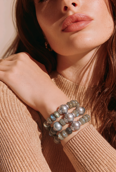 Leyla Sterling Silver Labradorite Grey Freshwater Pearl adjustable stacking bracelet