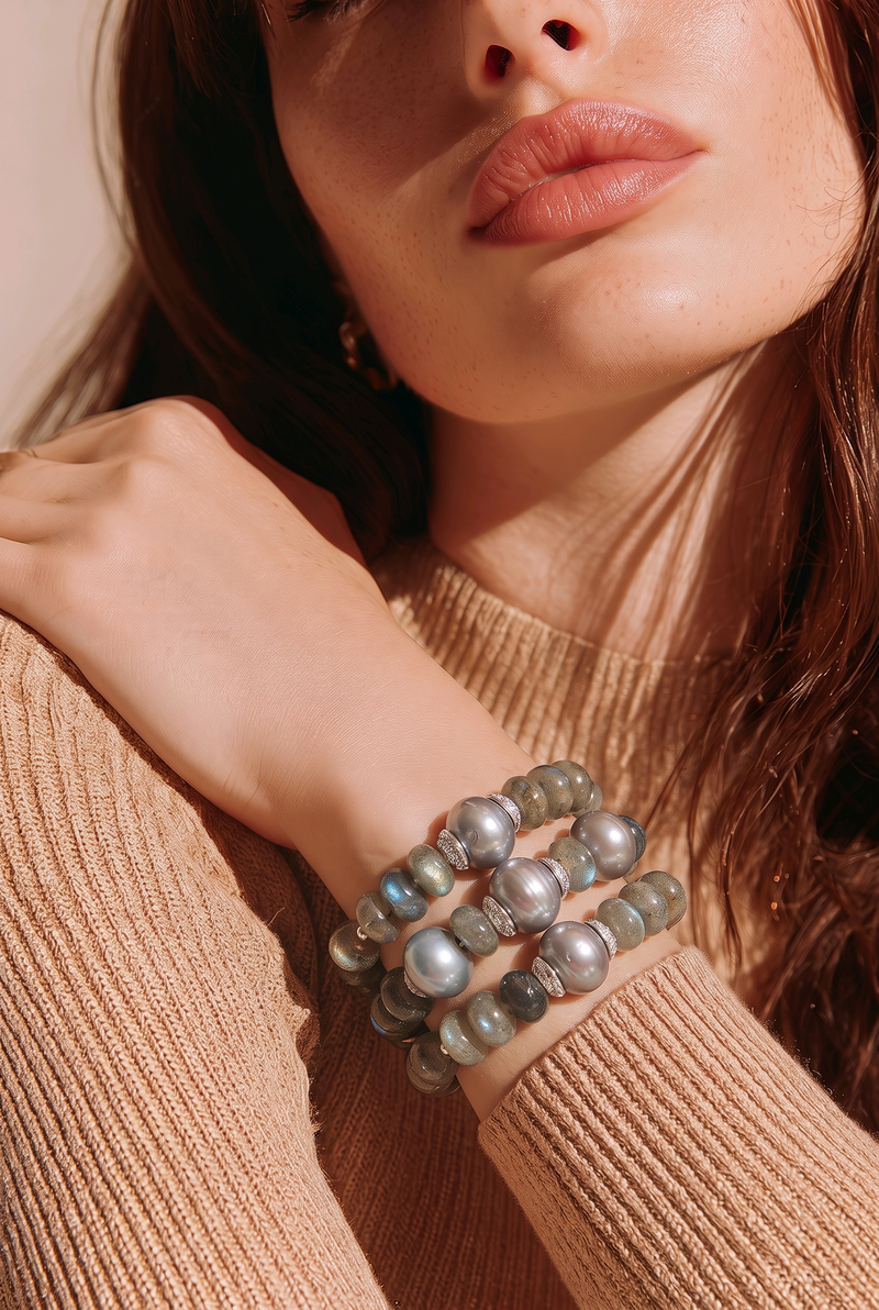 Leyla Sterling Silver Labradorite Grey Freshwater Pearl adjustable stacking bracelet