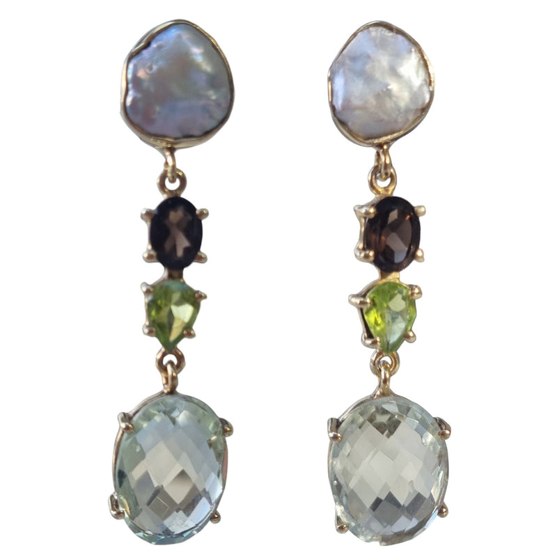 Harley Pearl, Smokey quartz, Peridot and Green Amethyst Gold plate Silver Earrings