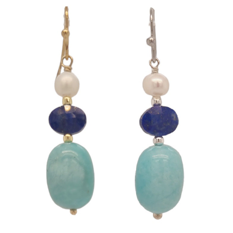 Vena Freshwater Pearl, Lapis Lazuli and Amazonite Earrings