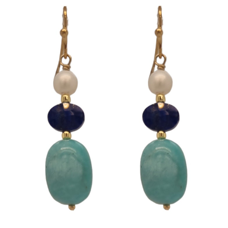 Vena Freshwater Pearl, Lapis Lazuli and Amazonite Earrings