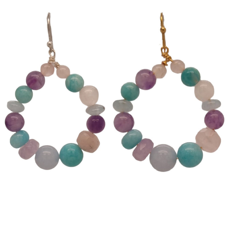 Acqua Aquamarine, Amazonite, Rose Quartz Amethyst Hoop Earrings