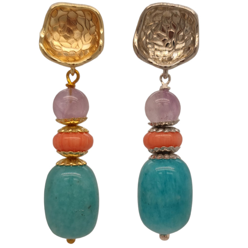 Calliope Amazonite, Coral and Amethyst Earrings