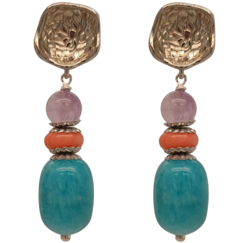 Calliope Amazonite, Coral and Amethyst Earrings