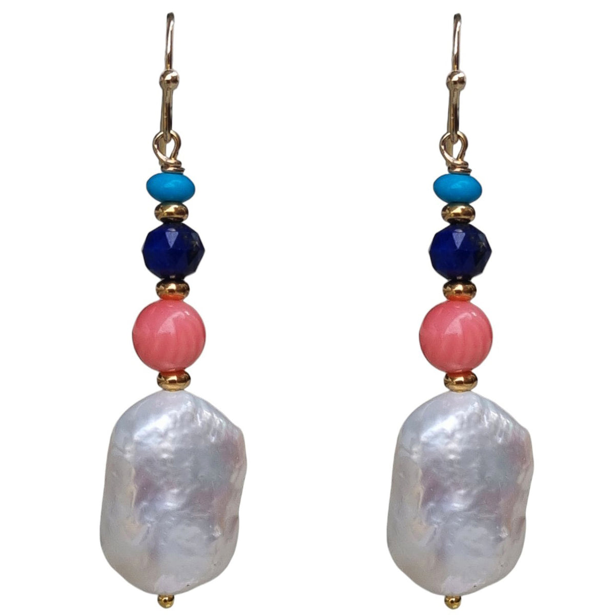 Corail Apricot Coral, Lapis, Turquoise and Pearl Earrings