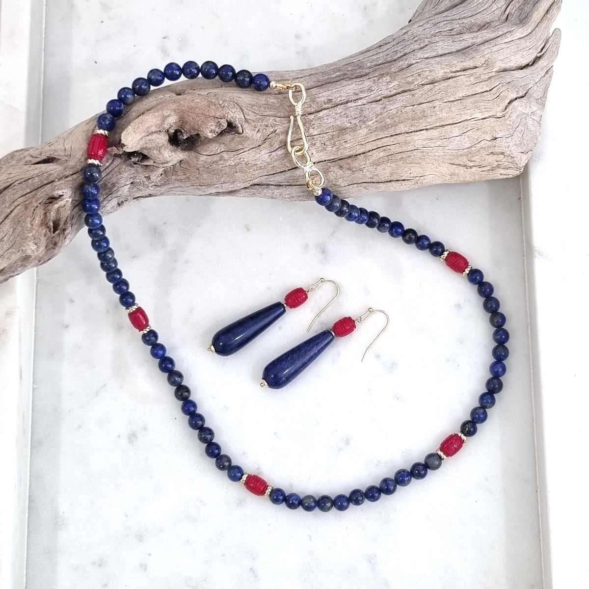 Laguna Lapis Lazuli & Carved Coral Earrings